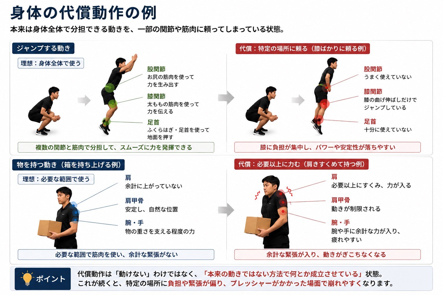 身体の代償動作の例（ジャンプする動きと物を持つ動き）